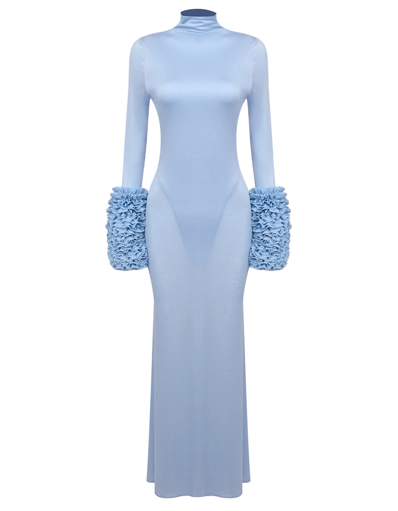 Parama Ruffled Turtleneck Maxi Dress In Pale Blue