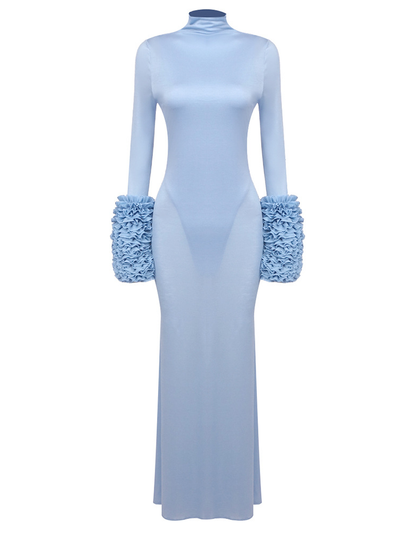 Parama Ruffled Turtleneck Maxi Dress In Pale Blue