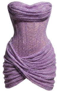 Glacian Strapless Draped Sparkly Mini Dress In Purple