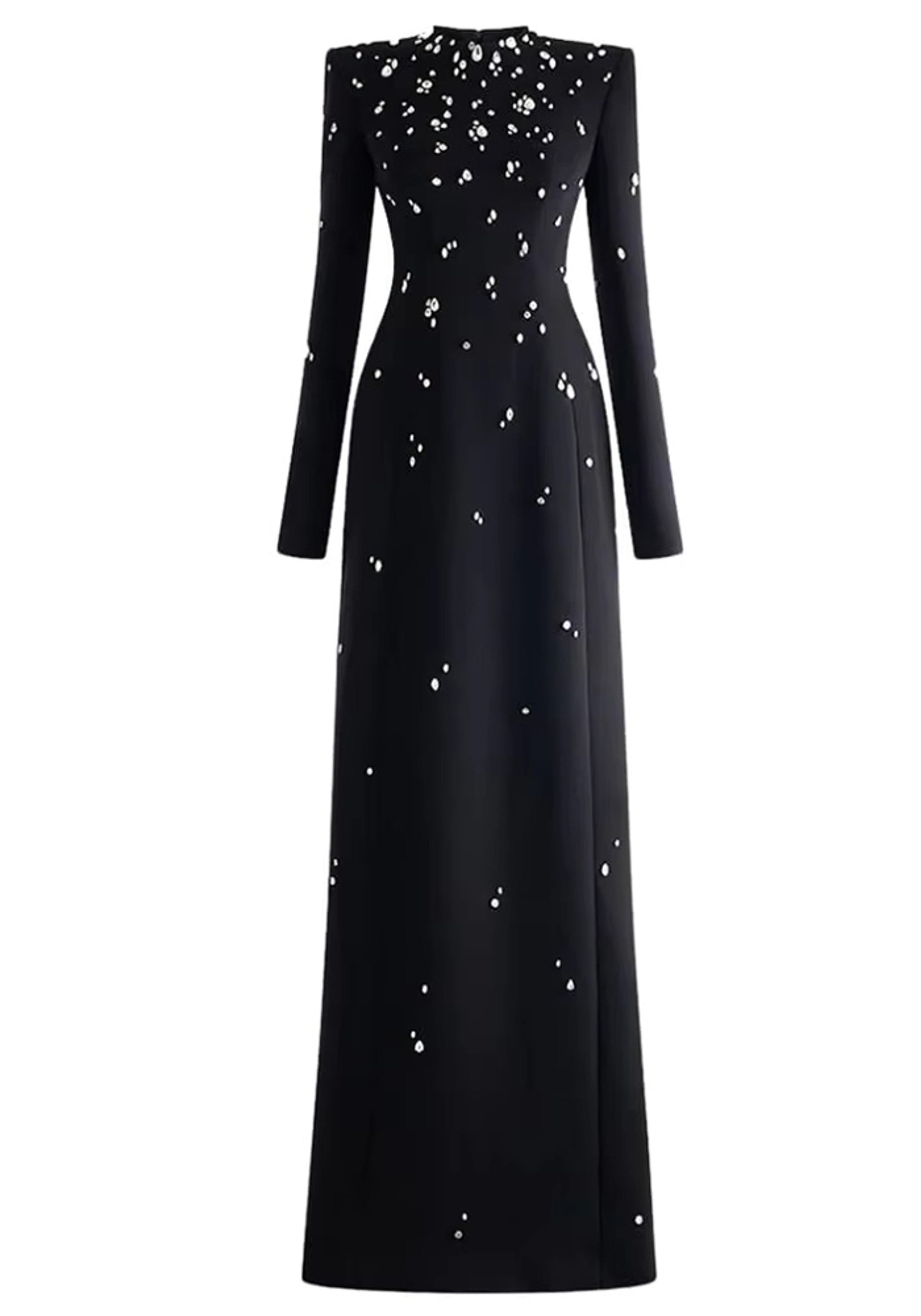 Bethel Long Sleeve Crystal A Line Maxi Dress In Black