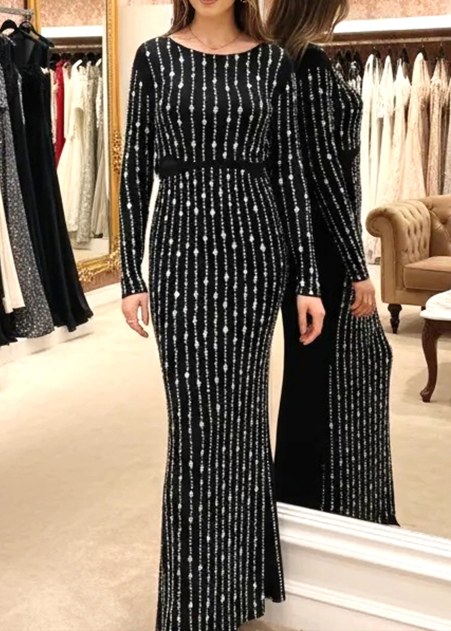 Relara Long Sleeve Crystal Maxi Two Piece Dress In Black