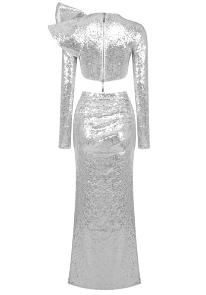 Aksel Long Sleeve Sequin Maxi Two Piece Dress In Silver