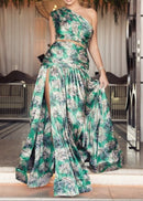 Saahira One Shoulder Floral Two Piece Maxi Dress In Green