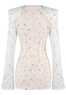 Jyrithia Long Sleeve Draped Sequin Lace Mini Dress In White