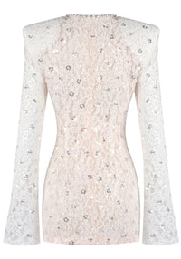 Jyrithia Long Sleeve Draped Sequin Lace Mini Dress In White