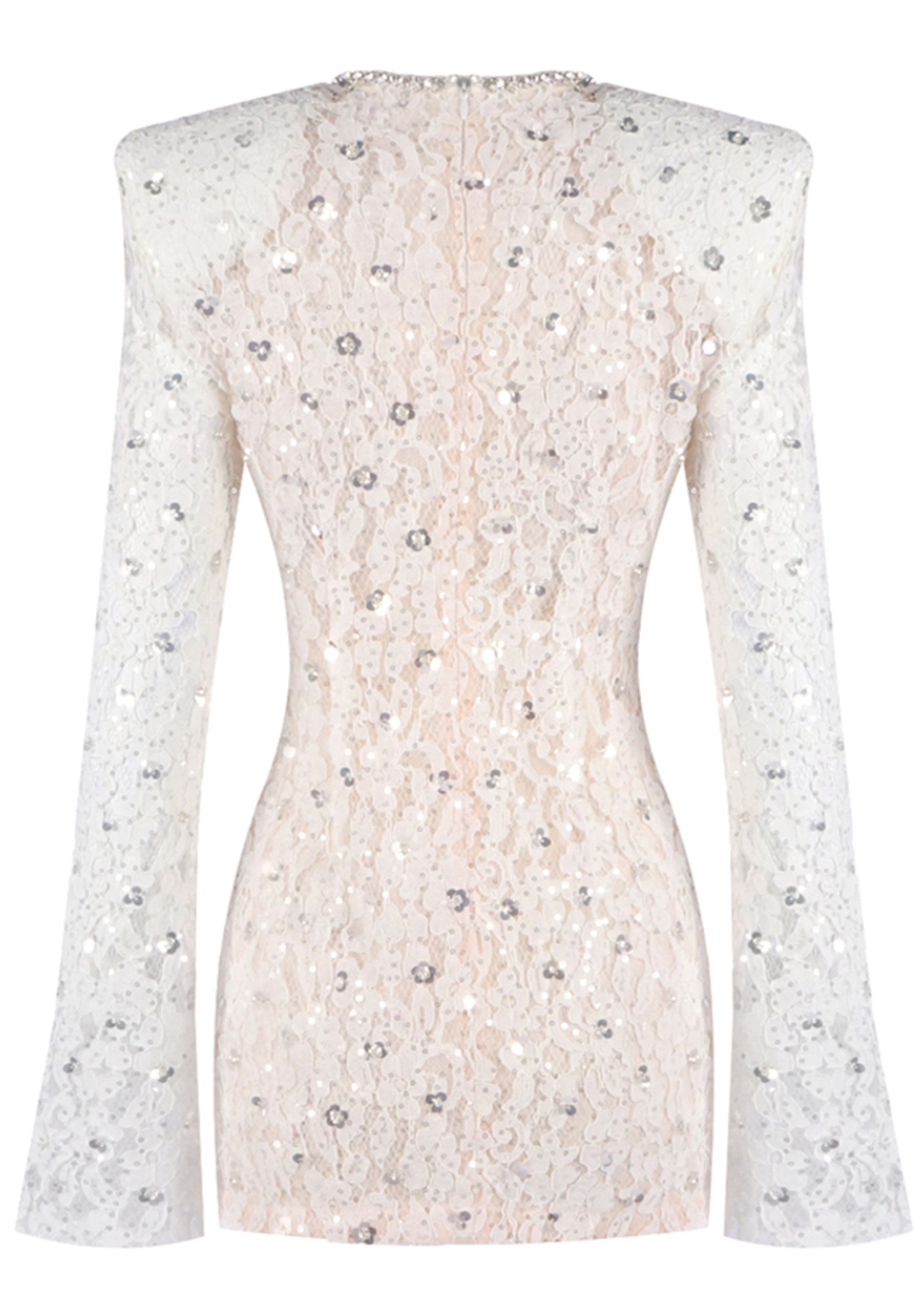 Jyrithia Long Sleeve Draped Sequin Lace Mini Dress In White