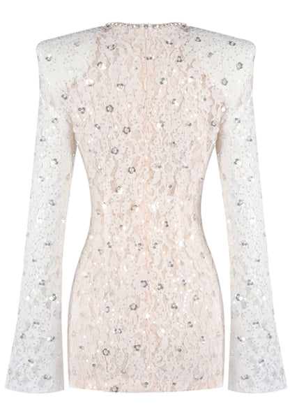 Jyrithia Long Sleeve Draped Sequin Lace Mini Dress In White