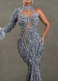 Jaron One Sleeve Sequin Maxi Dress In Grey