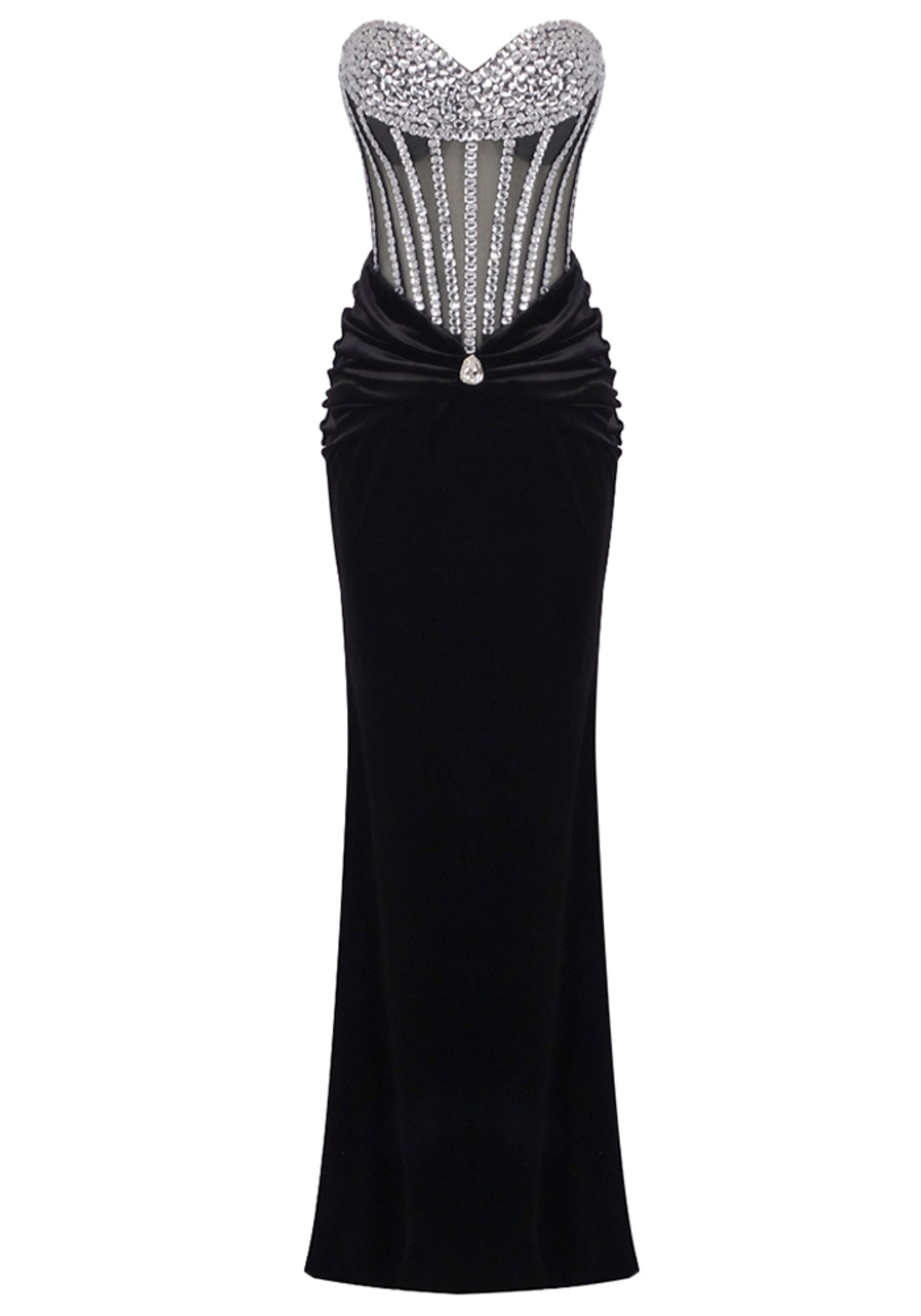 Ceslee Strapless Crystal Corset Maxi Velvet Dress In Black