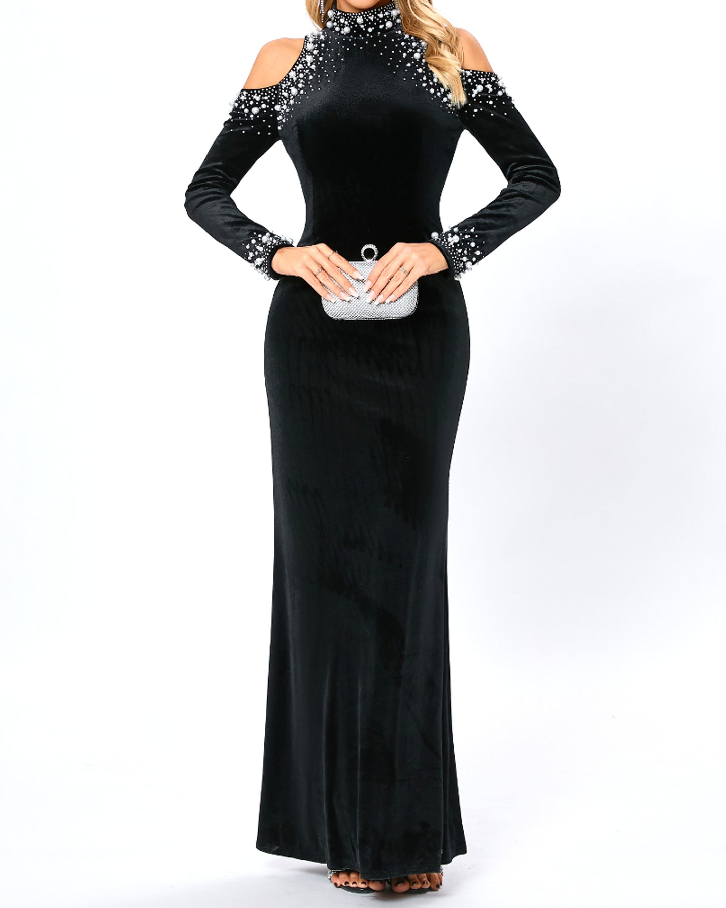 Bly Long Sleeve Pearl Crystal Maxi Velvet Dress In Black