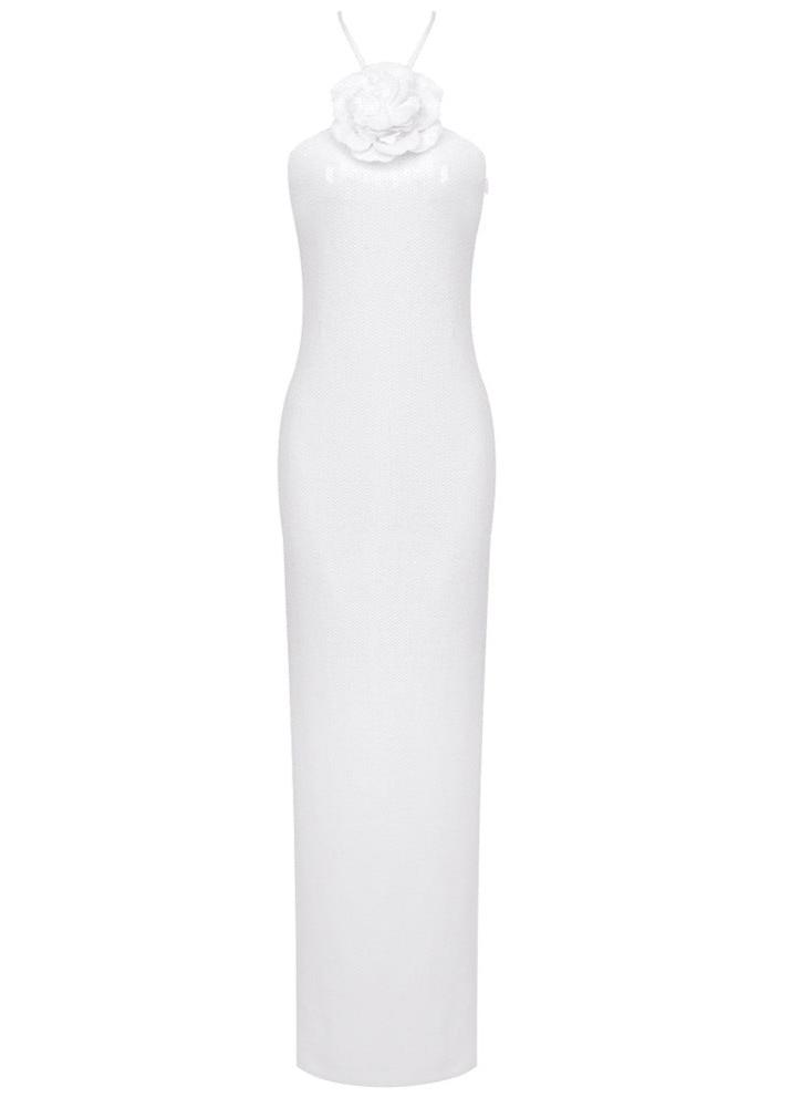 Glitter Rosette Halter Sequined Maxi Dress In White S Glitter Rosette Halter Sequined Maxi Dress In White S