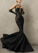 Kaldi Halter Lace Insert Mermaid Maxi Dress In Black