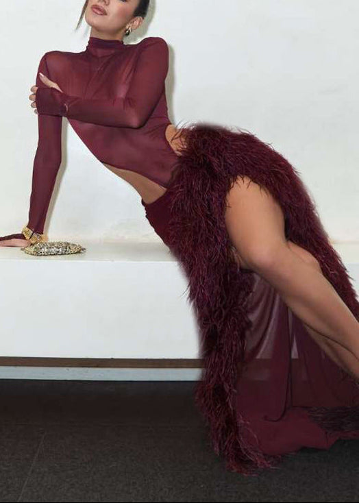 Birch High Neck Split Mesh Skirt Set