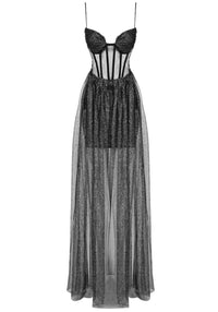 Galvain Sparkly Bustier A Line Maxi Dress In Black