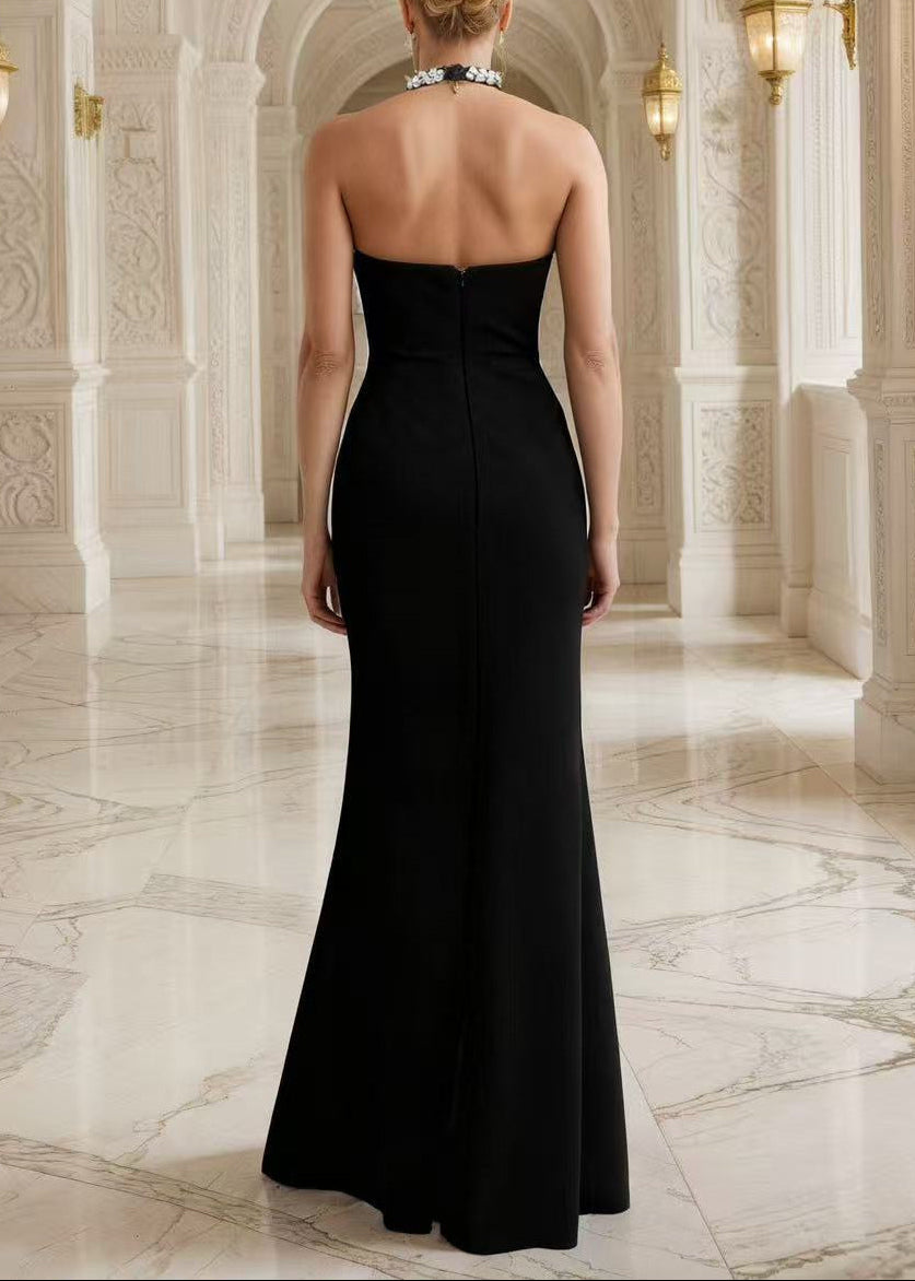 Ronica Halter Crystal Mermaid Maxi Dress In Black