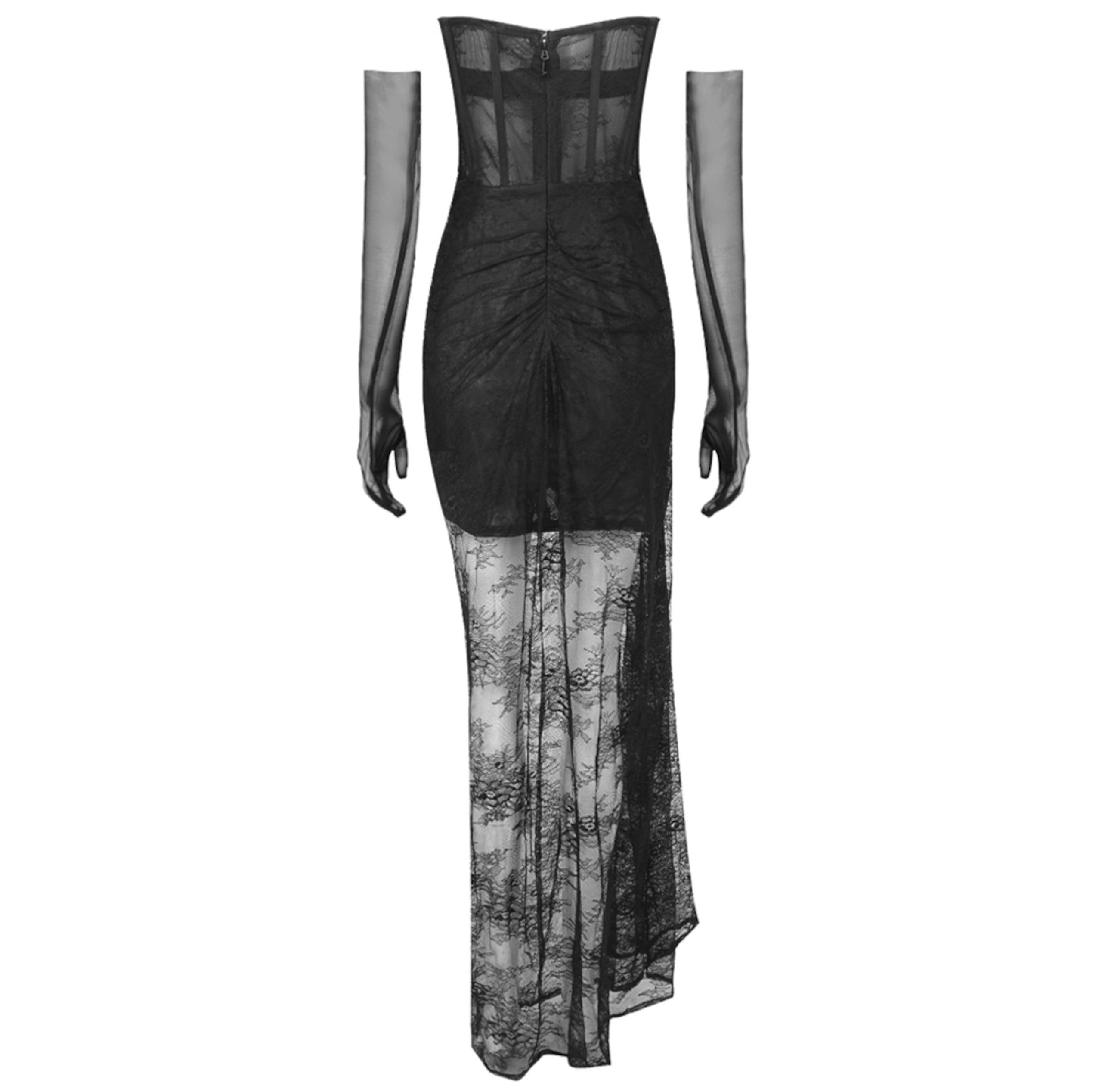 Xylia Strapless Sequin Lace Corset Maxi Dress In Black