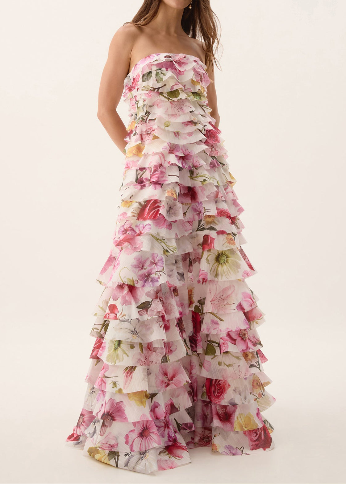 Corthos Strapless Floral Printed Layered Maxi Dress