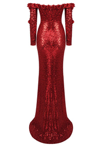 Panya Long Sleeve Floral Sequin Maxi Dress In Red