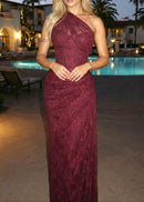 Minya One Shoulder Draped Lace Maxi Dress In Burgundy