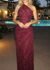 Minya One Shoulder Draped Lace Maxi Dress In Burgundy