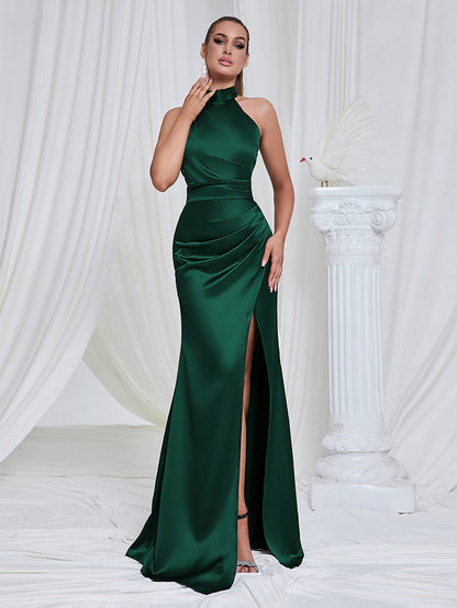 Atarah Halter Slit Satin Mermaid Maxi Dress In Green