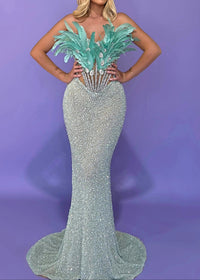 Brynthia Strapless Feather Corset Sequin Maxi Dress In Green