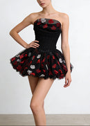 Alviva Strapless Floral Corset Bubble Mini Dress In Black