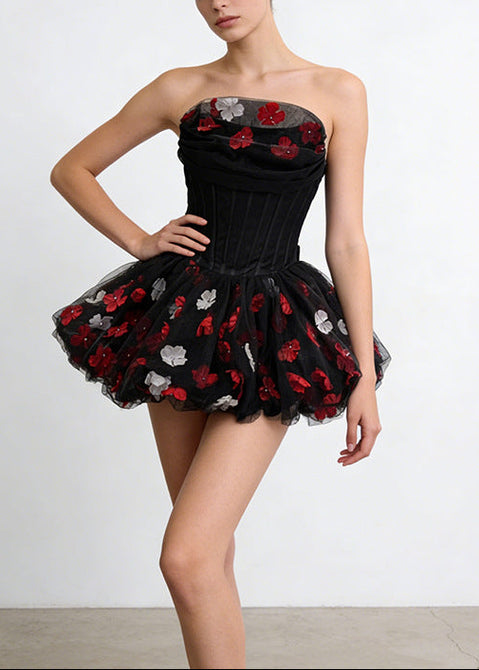 Alviva Strapless Floral Corset Bubble Mini Dress In Black