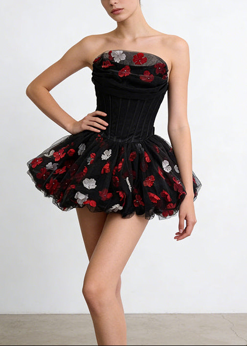 Alviva Strapless Floral Corset Bubble Mini Dress In Black