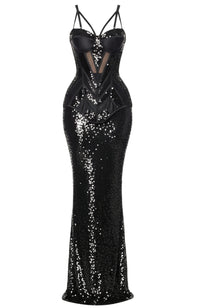 Limon Floral Sequin Bustier Maxi Dress In Black