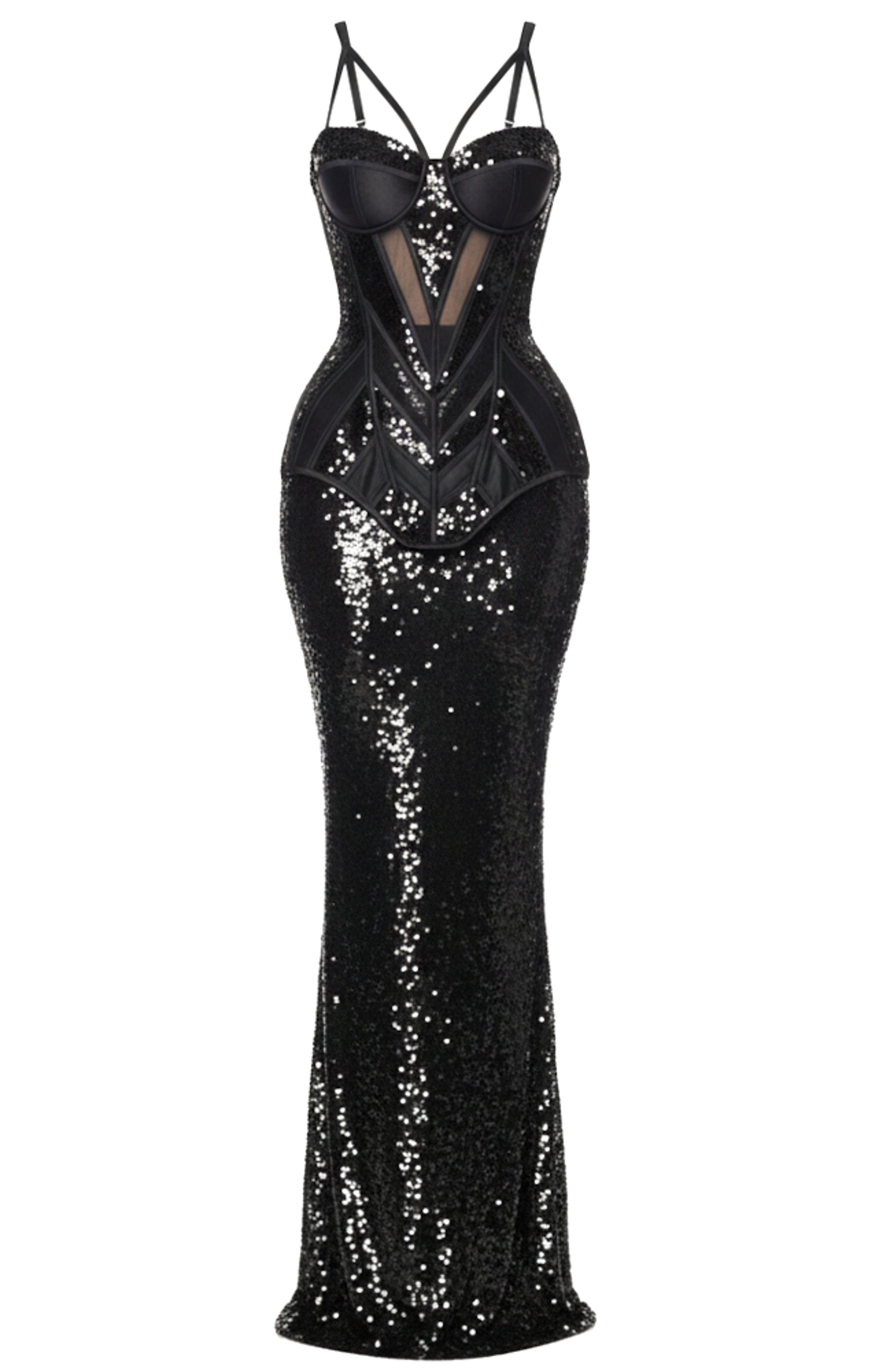 Limon Floral Sequin Bustier Maxi Dress In Black