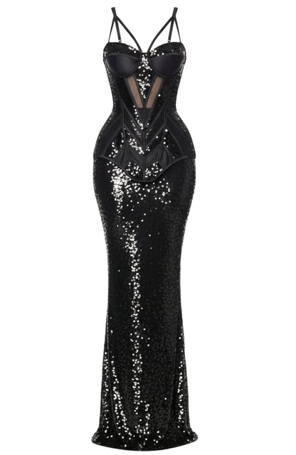 Limon Floral Sequin Bustier Maxi Dress In Black