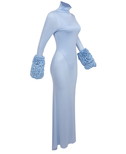 Parama Ruffled Turtleneck Maxi Dress In Pale Blue