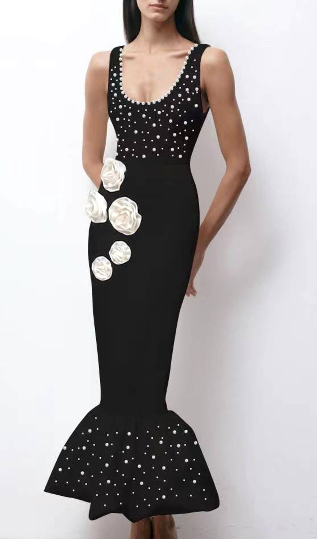 Boris Floral Pearl Embellished Mermaid Maxi Dress In Black