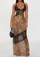 Lazaro Spaghetti Lace Leopard Maxi Dress