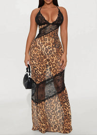 Lazaro Spaghetti Lace Leopard Maxi Dress