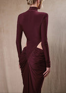 Gneissa Long Sleeve Cutout Draped Maxi Dress In Wine Red