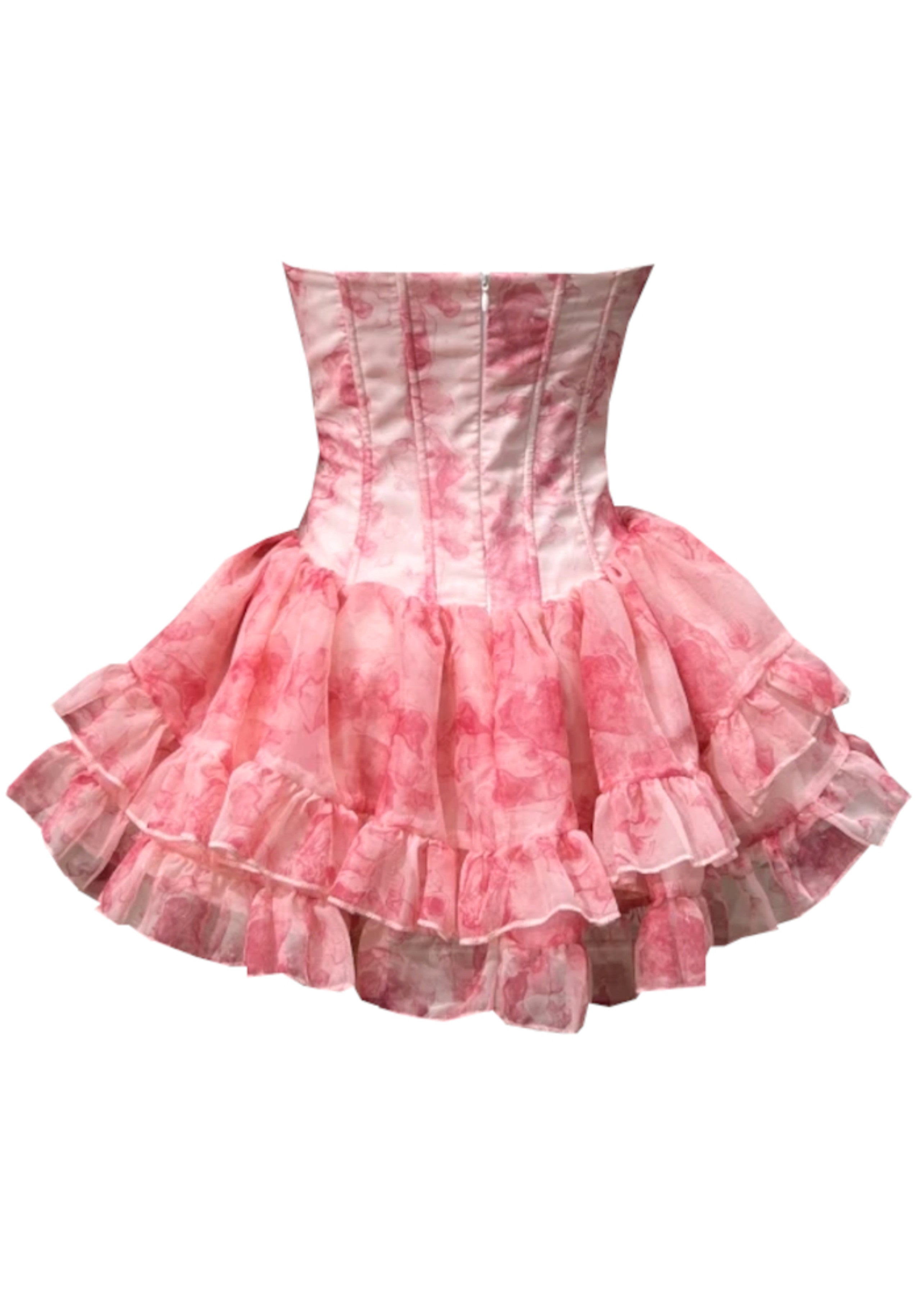 Hexor Strapless Floral Bow Ruffle Three Piece Dress In Pink