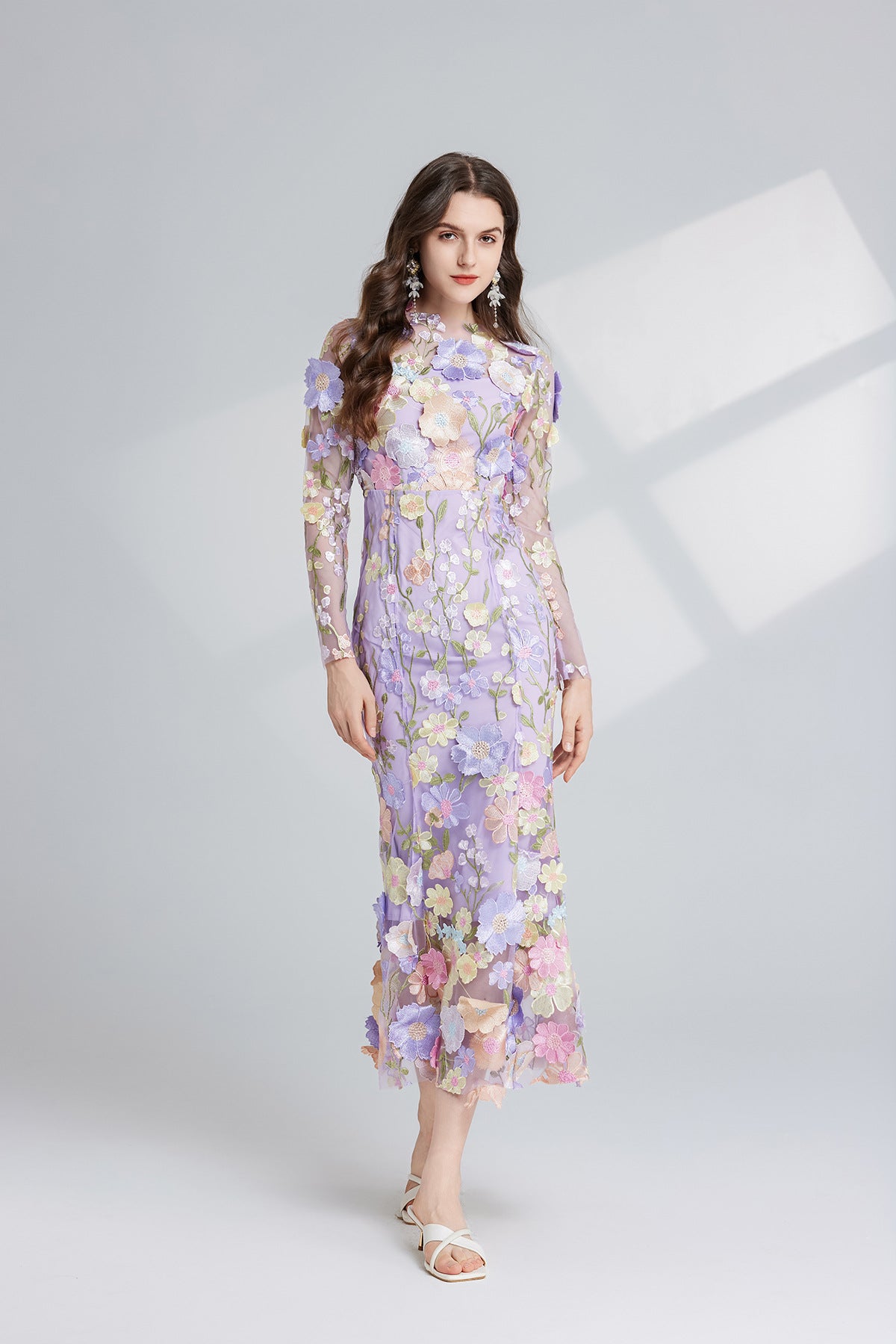 Thalvix Floral Embroidery Mesh Long Sleeve Midi Dress In Purple
