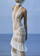 Rohak Halter Ruched Ruffle Maxi Dress In White