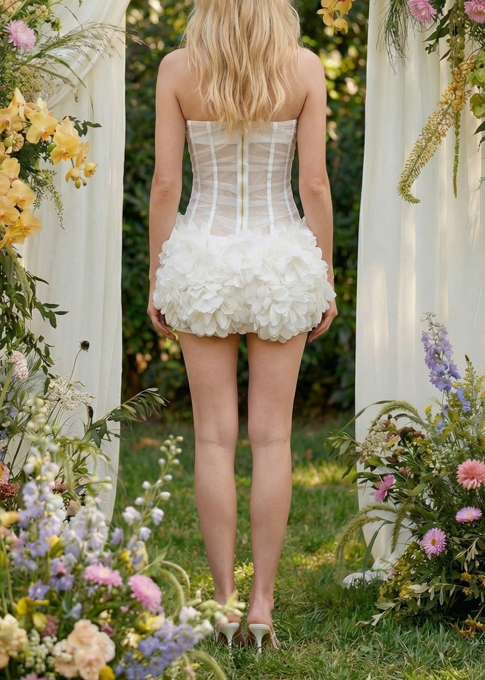 Oryxel Strapless Petal Mesh Bustier Mini Dress White