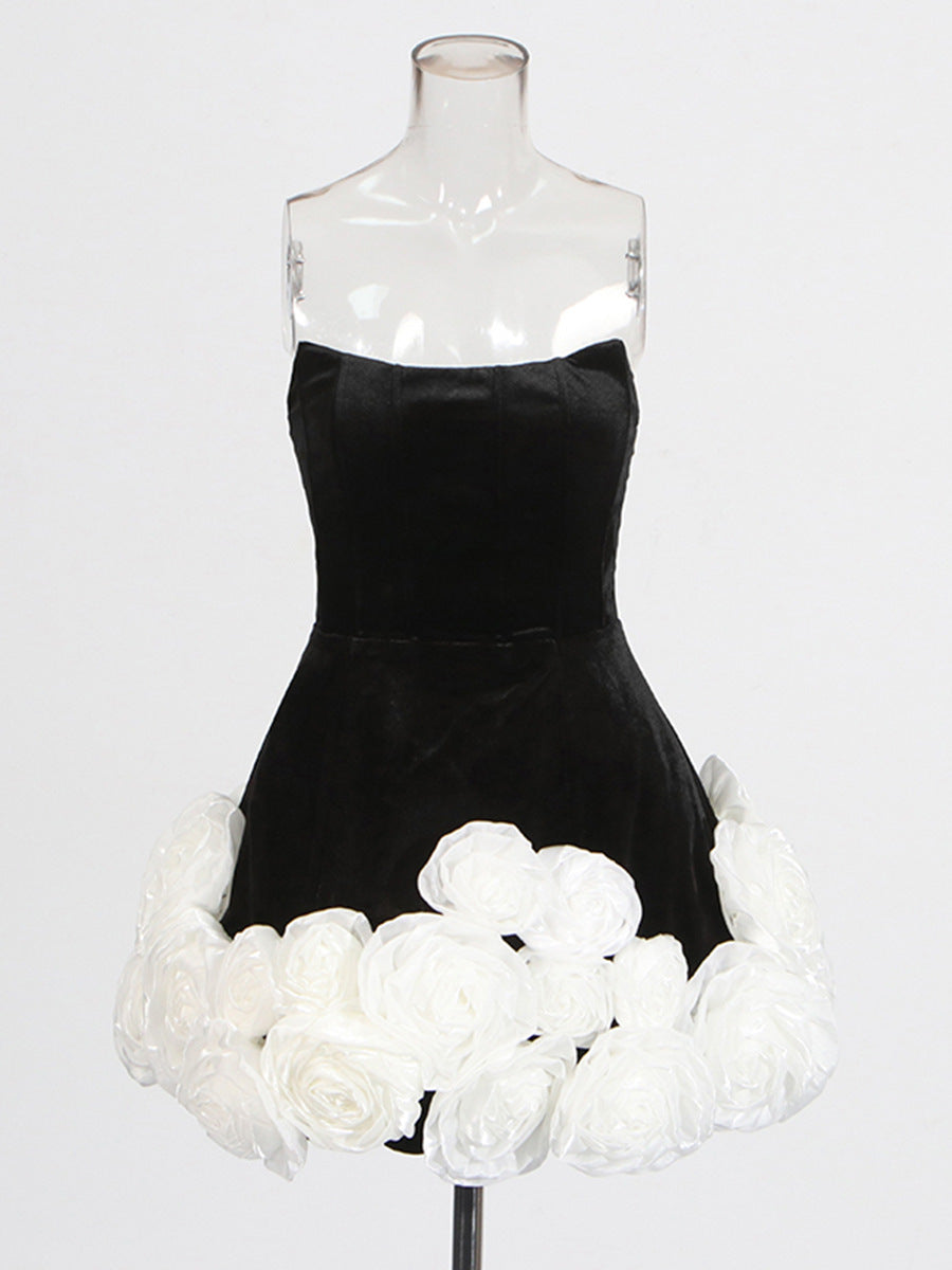 Haidar Flower-Embellished-Hem Strapless Mini Dress In Black