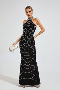 Malati Pearl Halter Bandage Maxi Dress In Black