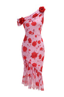 Cyrthis Print One Shoulder Midi Dress In Pink Rose