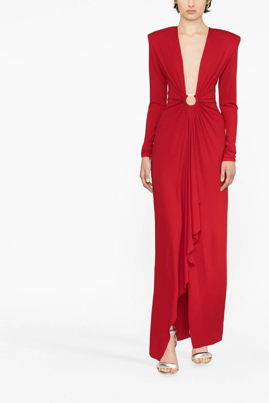 Furly Long Sleeve Ring V-Neck Maxi Dress In Red