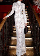 Heyren Long Sleeve Structured Lace Maxi Dress In White