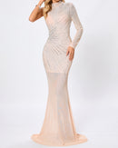 Harini One Sleeve Embellished Mesh Maxi Dress In Nude