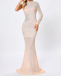 Harini One Sleeve Embellished Mesh Maxi Dress In Nude