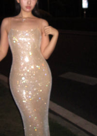 Aelithar Mesh Insert Sparkly Backless Maxi Dress In Nude