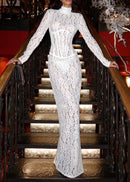 Heyren Long Sleeve Structured Lace Maxi Dress In White